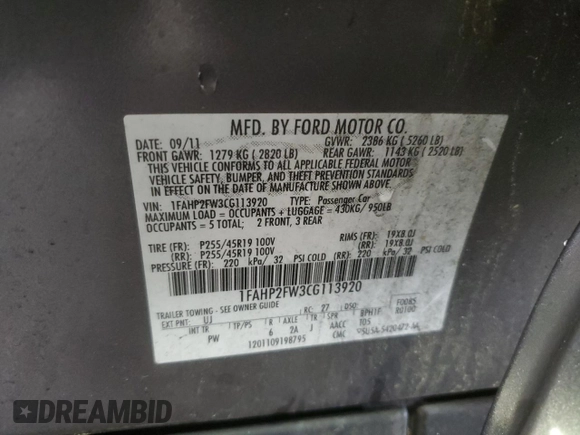 2012 Ford Taurus Limited with VIN 1FAHP2FW3CG113920, listed as a Copart auction lot 55565615 with 131,981 mi miles and Salvage title. Bid and sale history available at DreamBid. Image 12.
