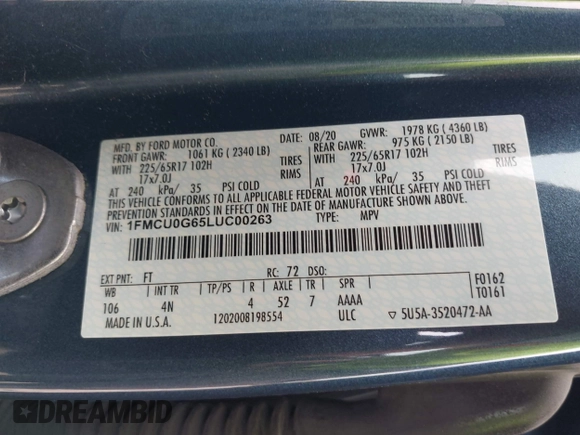 2020 Ford Escape SE с VIN 1FMCU0G65LUC00263, выставлен на аукционе IAAI как лот 42281995 с пробегом 62 091 миль миль и . История ставок и продаж доступна на DreamBid. Изображение 9.