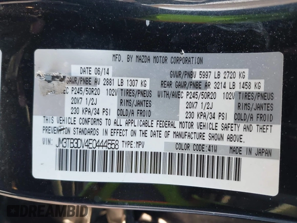 2014 Mazda CX-9 Grand Touring with VIN JM3TB3DV4E0444558, listed as a IAAI auction lot 41538130 with 113,050 mi miles and . Bid and sale history available at DreamBid. Image 9.