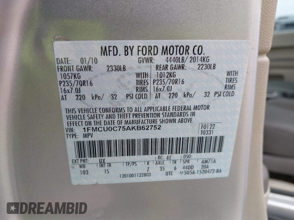 2010 Ford Escape XLS с VIN 1FMCU0C75AKB62752, выставлен на аукционе IAAI как лот 41962316 с пробегом 159 942 миль миль и . История ставок и продаж доступна на DreamBid. Изображение 9.