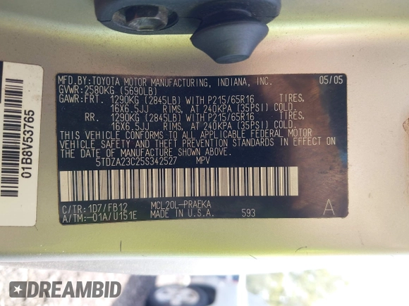 2005 Toyota Sienna CE z VIN 5TDZA23C25S342527, wystawiony jako IAAI lot #42176396 z przebiegiem Nie podano mil oraz . Historia ofert i sprzedaży dostępna na DreamBid. Obrazek 9.