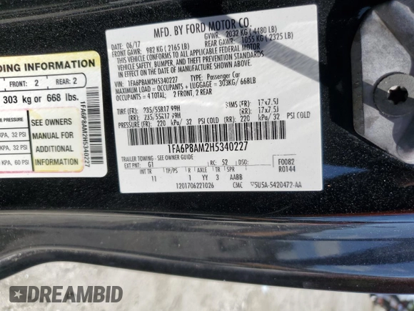 2017 Ford Mustang V6 with VIN 1FA6P8AM2H5340227, listed as a Copart auction lot 66992315 with 72,723 mi miles and Salvage title. Bid and sale history available at DreamBid. Image 12.