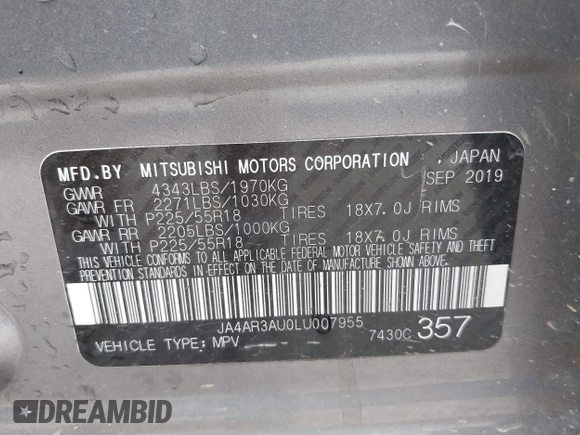 2020 Mitsubishi Outlander Sport ES 2.0 with VIN JA4AR3AU0LU007955, listed as a IAAI auction lot 40268798 with 48,488 mi miles. Bid and sale history available at carsss.com. Image 9.
