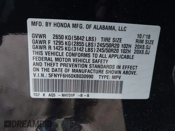 2019 Honda Pilot Touring 7-Passenger with VIN 5FNYF6H60KB030990, listed as a IAAI auction lot 42160762 with 68,807 mi miles and . Bid and sale history available at DreamBid. Image 9.