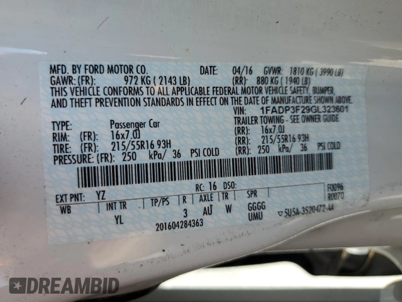 2016 Ford Focus SE с VIN 1FADP3F29GL323601, выставлен на аукционе Copart как лот 56407185 с пробегом 57 000 миль миль и Списание • Salvage title. История ставок и продаж доступна на DreamBid. Изображение 12.