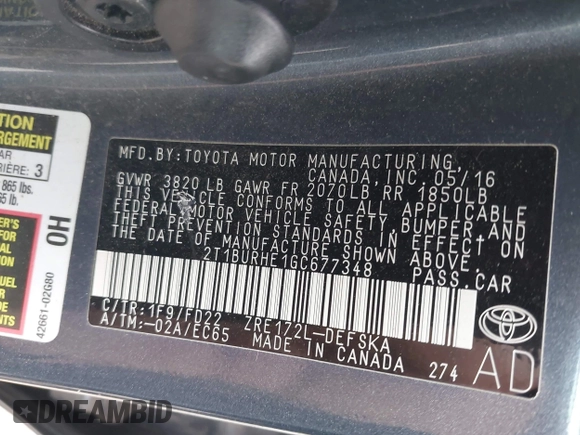 2016 Toyota Corolla L with VIN 2T1BURHE1GC677348, listed as a IAAI auction lot 42493119 with 85,632 mi miles and . Bid and sale history available at DreamBid. Image 9.