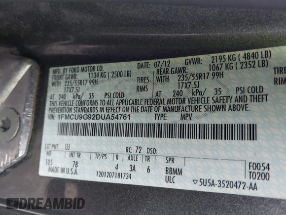 2013 Ford Escape SE with VIN 1FMCU9G92DUA54761, listed as a IAAI auction lot 41105062 with 131,767 mi miles. Bid and sale history available at carsss.com. Image 9.