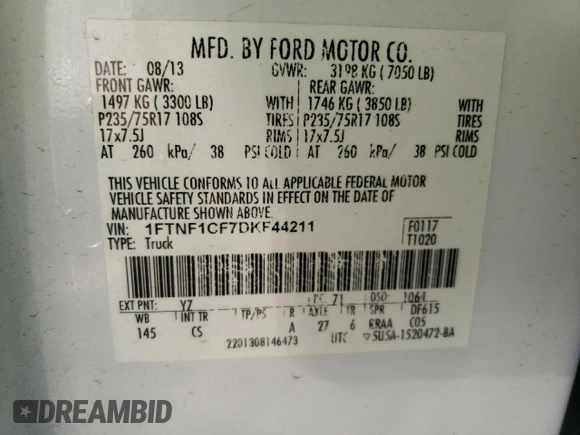 2013 Ford F-150 XL with VIN 1FTNF1CF7DKF44211, listed as a Copart auction lot 86978804 with 144,039 mi miles and Salvage Title. Bid and sale history available at carsss.com. Image 12.