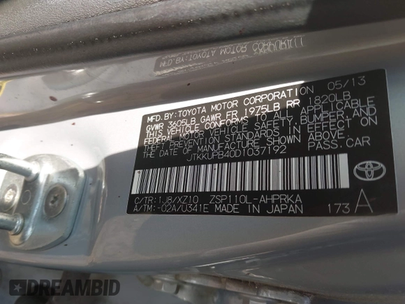 2013 Scion xD with VIN JTKKUPB40D1037192, listed as a IAAI auction lot 42555067 with 69,196 mi miles and . Bid and sale history available at DreamBid. Image 9.