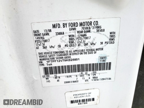 2009 Ford F-150 XL z VIN 1FTPF12V79KB25851, wystawiony jako Copart lot #51171435 z przebiegiem 104 831 mil mil oraz Szkoda całkowita • Salvage title. Historia ofert i sprzedaży dostępna na DreamBid. Obrazek 12.