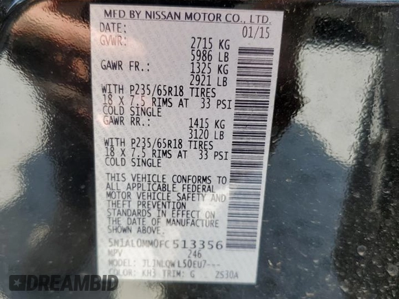 2015 Infiniti QX60 with VIN 5N1AL0MM0FC513356, listed as a Copart auction lot 58204695 with 178,423 mi miles and Clean title. Bid and sale history available at DreamBid. Image 13.