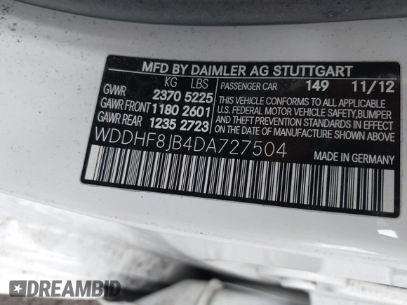 2013 Mercedes-Benz E 350 Luxury with VIN WDDHF8JB4DA727504, listed as a IAAI auction lot 42457322 with 39,803 mi miles and . Bid and sale history available at DreamBid. Image 9.