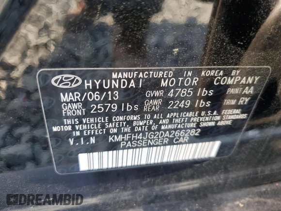 2013 Hyundai Azera с VIN KMHFH4JG2DA266282, выставлен на аукционе Copart как лот 59156175 с пробегом 135 013 миль миль и Списание • Salvage title. История ставок и продаж доступна на DreamBid. Изображение 12.