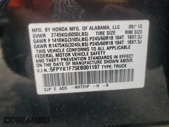 2014 Honda Ridgeline Sport with VIN 5FPYK1F75EB001197, listed as a Copart auction lot 65932295 with 121,862 mi miles and Salvage title. Bid and sale history available at DreamBid. Image 12.
