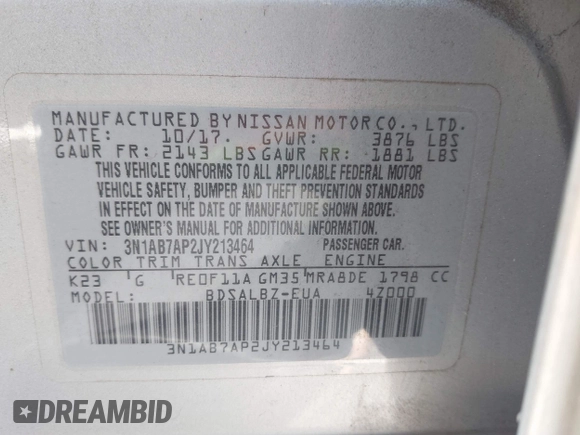 2018 Nissan Sentra SV with VIN 3N1AB7AP2JY213464, listed as a IAAI auction lot 41931871 with 55,065 mi miles. Bid and sale history available at carsss.com. Image 9.