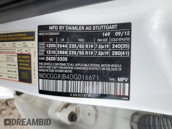 2013 Mercedes-Benz GLK 350 with VIN WDCGG8JB4DG016671, listed as a Copart auction lot 60396494 with 213,547 mi miles and Non Repairable. Bid and sale history available at DreamBid. Image 12.