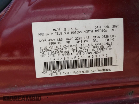2005 Mitsubishi Galant ES z VIN 4A3AB36F25E059179, wystawiony jako Copart lot #64570164 z przebiegiem 197 100 mil mil oraz Szkoda całkowita • Salvage title. Historia ofert i sprzedaży dostępna na DreamBid. Obrazek 12.