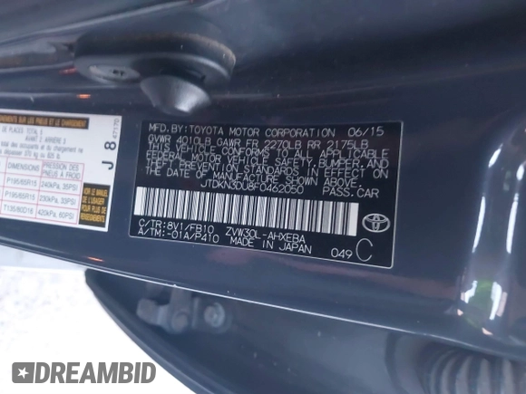2015 Toyota Prius Four with VIN JTDKN3DU8F0462050, listed as a IAAI auction lot 41752132 with 158,535 mi miles and . Bid and sale history available at DreamBid. Image 9.