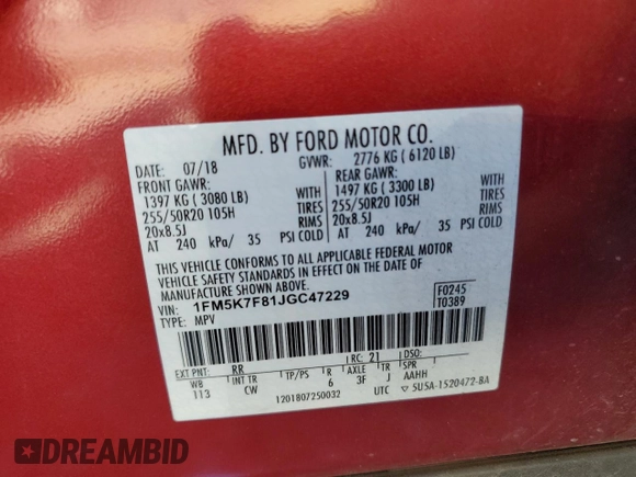 2018 Ford Explorer Limited with VIN 1FM5K7F81JGC47229, listed as a Copart auction lot 49345295 with 78,740 mi miles and Salvage Title. Bid and sale history available at carsss.com. Image 13.