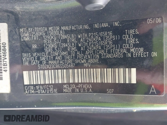 2006 Toyota Sienna CE with VIN 5TDZA23C86S505487, listed as a IAAI auction lot 42205612 with 251,332 mi miles and . Bid and sale history available at DreamBid. Image 9.