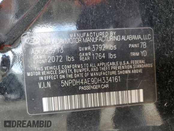 2013 Hyundai Elantra GLS with VIN 5NPDH4AE9DH334161, listed as a Copart auction lot 62475005 with 188,958 mi miles and Salvage title. Bid and sale history available at DreamBid. Image 13.