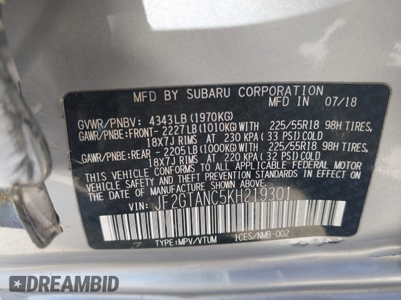 2019 Subaru Crosstrek Limited с VIN JF2GTANC5KH219301, выставлен на аукционе IAAI как лот 41699475 с пробегом 37 130 миль миль и . История ставок и продаж доступна на DreamBid. Изображение 9.