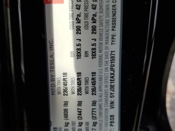2018 Tesla Model 3 Long Range Battery with VIN 5YJ3E1EAXJF015971, listed as a Copart auction lot 47743665 with 94,064 mi miles and Salvage Title. Bid and sale history available at DreamBid. Image 12.