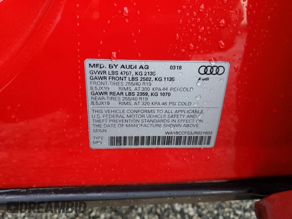 2018 Audi Q3 Premium with VIN WA1BCCFS3JR031633, listed as a Copart auction lot 47168715 with 87,679 mi miles and Salvage Title. Bid and sale history available at carsss.com. Image 12.