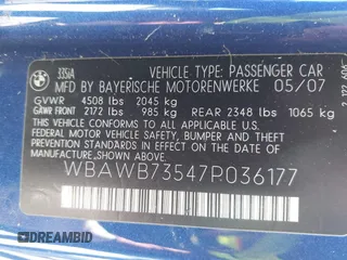 2007 BMW 3 Series 335i with VIN WBAWB73547P036177, listed as a IAAI auction lot 42059589 with 141,931 mi miles and . Bid and sale history available at DreamBid. Image 9.