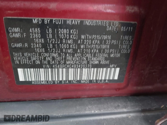2011 Subaru Outback 2.5i z VIN 4S4BRCAC4B3420270, wystawiony jako IAAI lot #42200285 z przebiegiem 184 365 mil mil oraz . Historia ofert i sprzedaży dostępna na DreamBid. Obrazek 9.