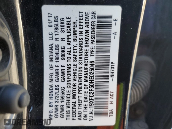 2017 Honda Civic LX with VIN 19XFC2F50HE025046, listed as a Copart auction lot 54244525 with 220,145 mi miles and Salvage Title. Bid and sale history available at DreamBid. Image 13.