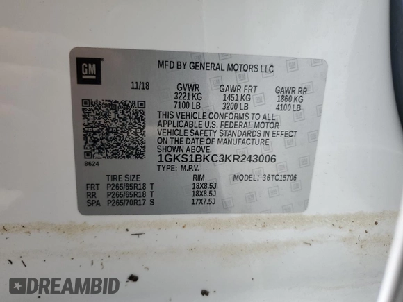 2019 GMC Yukon SLT with VIN 1GKS1BKC3KR243006, listed as a Copart auction lot 74732484 with 28,756 mi miles and Non Repairable. Bid and sale history available at DreamBid. Image 14.