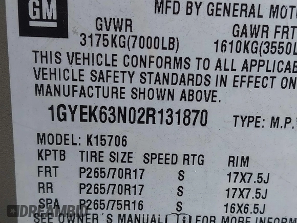 2002 Cadillac Escalade z VIN 1GYEK63N02R131870, wystawiony jako IAAI lot #41889300 z przebiegiem 328 013 mil mil oraz . Historia ofert i sprzedaży dostępna na DreamBid. Obrazek 9.