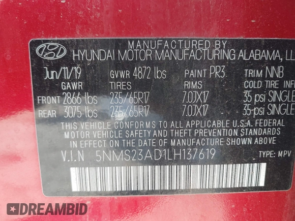 2020 Hyundai Santa Fe SE with VIN 5NMS23AD1LH137619, listed as a IAAI auction lot 41425753 with 72,587 mi miles. Bid and sale history available at carsss.com. Image 9.