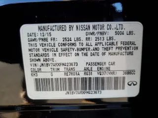2015 Infiniti Q50 Premium with VIN JN1BV7ARXFM423673, listed as a Copart auction lot 47127065 with 112,692 mi miles and Clean Title. Bid and sale history available at carsss.com. Image 12.