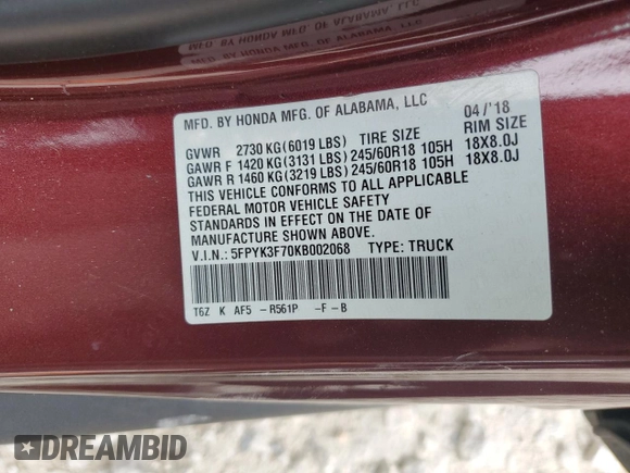 2019 Honda Ridgeline RTL-E with VIN 5FPYK3F70KB002068, listed as a Copart auction lot 54766055 with 109,131 mi miles and Clean title. Bid and sale history available at DreamBid. Image 12.
