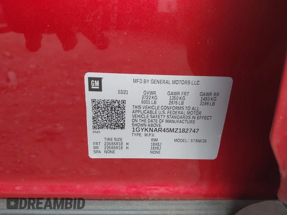 2021 Cadillac XT5 FWD Luxury with VIN 1GYKNAR45MZ182747, listed as a IAAI auction lot 41769515 with 54,753 mi miles. Bid and sale history available at carsss.com. Image 9.