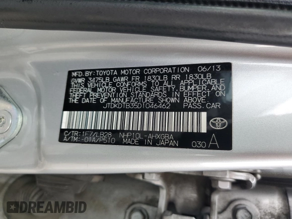 2013 Toyota Prius One with VIN JTDKDTB35D1046462, listed as a Copart auction lot 51637905 with 147,588 mi miles and Salvage Title. Bid and sale history available at DreamBid. Image 12.