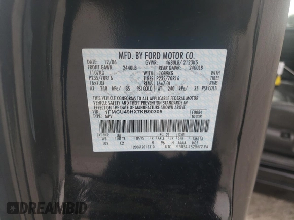2007 Ford Escape Hybrid with VIN 1FMCU49HX7KB90305, listed as a Copart auction lot 44300405 with 240,011 mi miles and Salvage Title. Bid and sale history available at carsss.com. Image 12.
