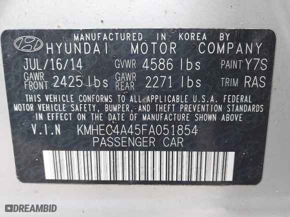 2015 Hyundai Sonata Hybrid Limited with VIN KMHEC4A45FA051854, listed as a IAAI auction lot 41853648 with 160,422 mi miles. Bid and sale history available at carsss.com. Image 9.