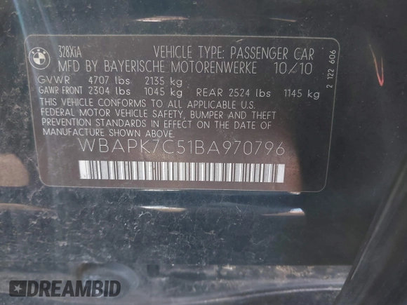 2011 BMW 3 Series 328i xDrive z VIN WBAPK7C51BA970796, wystawiony jako IAAI lot #41886963 z przebiegiem 143 619 mil mil oraz . Historia ofert i sprzedaży dostępna na DreamBid. Obrazek 9.