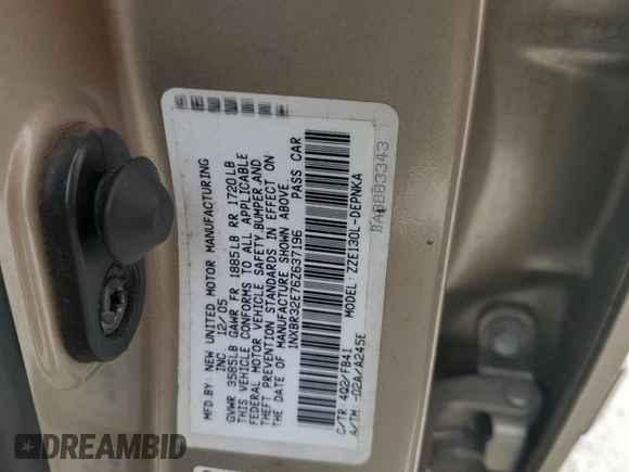 2006 Toyota Corolla CE z VIN 1NXBR32E76Z637196, wystawiony jako Copart lot #59894045 z przebiegiem 128 696 mil mil oraz Szkoda całkowita • Salvage title. Historia ofert i sprzedaży dostępna na DreamBid. Obrazek 12.