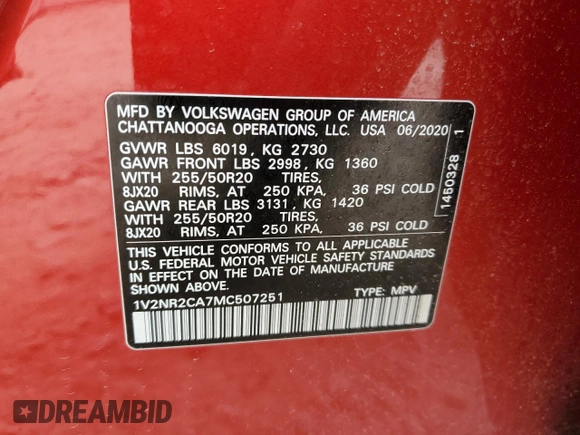 2021 Volkswagen Atlas SE с VIN 1V2NR2CA7MC507251, выставлен на аукционе Copart как лот 57881795 с пробегом 63 257 миль миль и Списание • Salvage title. История ставок и продаж доступна на DreamBid. Изображение 13.
