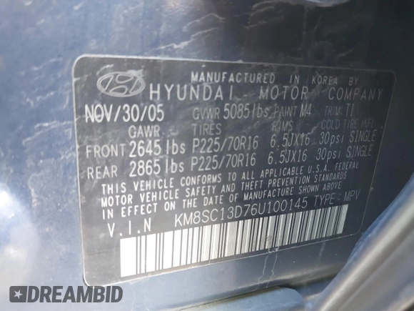 2006 Hyundai Santa Fe GLS with VIN KM8SC13D76U100145, listed as a IAAI auction lot 41093265 with 164,028 mi miles. Bid and sale history available at carsss.com. Image 9.
