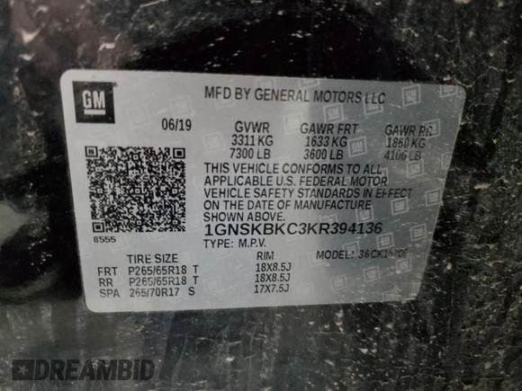 2019 Chevrolet Tahoe LT с VIN 1GNSKBKC3KR394136, выставлен на аукционе Copart как лот 52787905 с пробегом Не указан миль и Чистый • Clean title. История ставок и продаж доступна на DreamBid. Изображение 15.