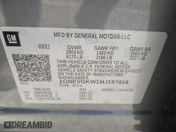 2021 Chevrolet Traverse LT Cloth with VIN 1GNEVGKW1MJ197818, listed as a IAAI auction lot 41781257 with 57,334 mi miles. Bid and sale history available at carsss.com. Image 9.