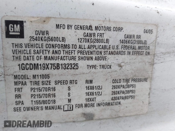 2005 Chevrolet Astro Cargo Van with VIN 1GCDM19X75B132325, listed as a IAAI auction lot 41855931 with 999,999 mi miles. Bid and sale history available at carsss.com. Image 9.