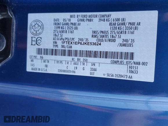 2018 Ford F-150 XL with VIN 1FTEX1EP6JKE53624, listed as a Copart auction lot 55498145 with 92,438 mi miles and Salvage Title. Bid and sale history available at DreamBid. Image 12.