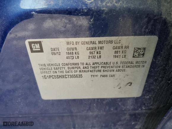 2012 Chevrolet Cruze LS with VIN 1G1PC5SHXC7365635, listed as a Copart auction lot 49695965 with 179,522 mi miles and Salvage Title. Bid and sale history available at carsss.com. Image 12.
