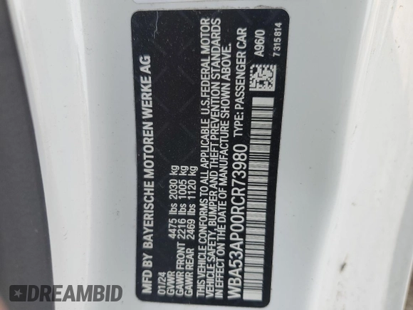 2024 BMW 4 Series 430i z VIN WBA53AP00RCR73980, wystawiony jako Copart lot #53991615 z przebiegiem 24 375 mil mil oraz Szkoda całkowita • Salvage title. Historia ofert i sprzedaży dostępna na DreamBid. Obrazek 12.